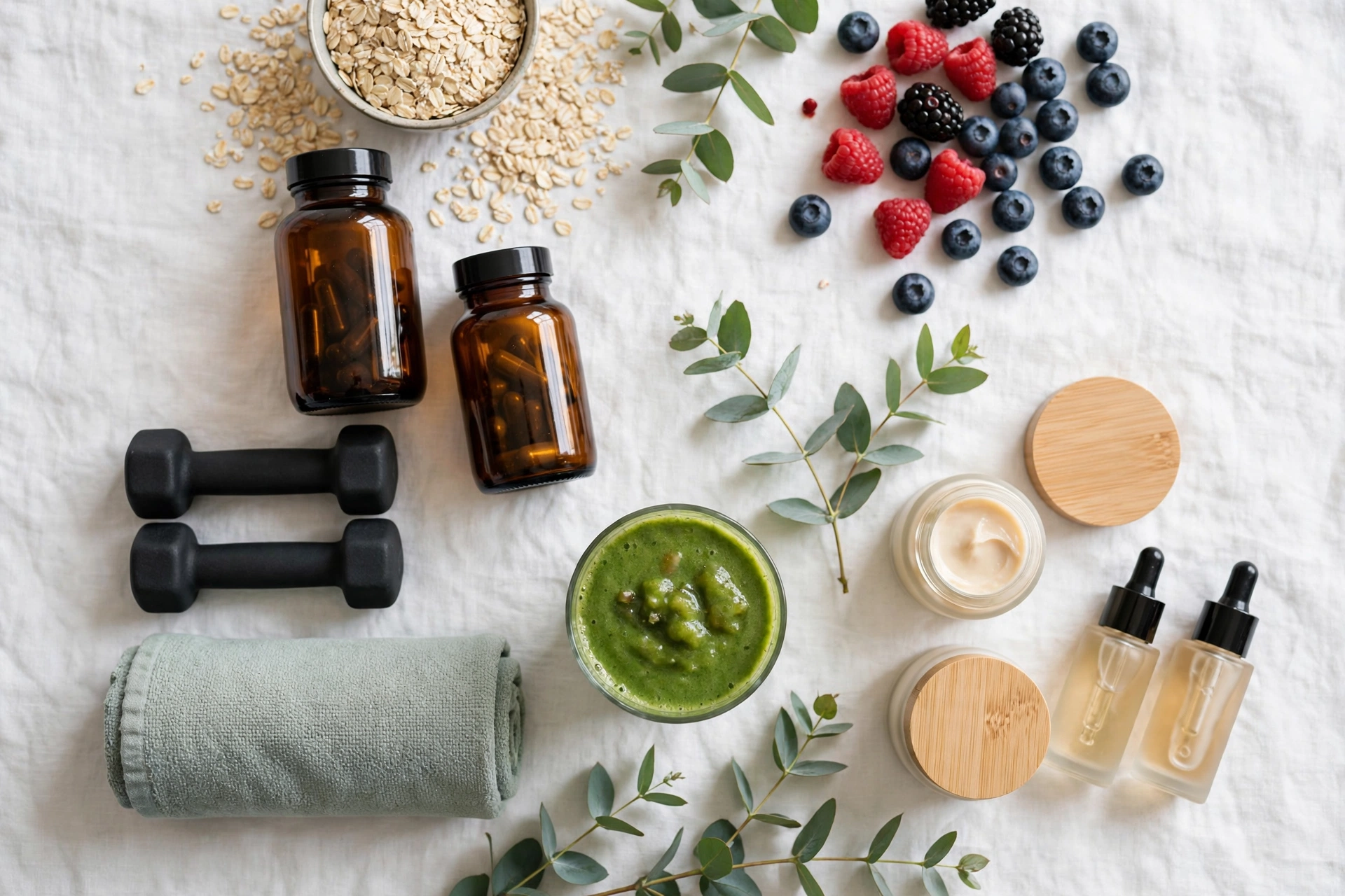 Wellness flat lay with supplements, skincare, fitness and healthy food